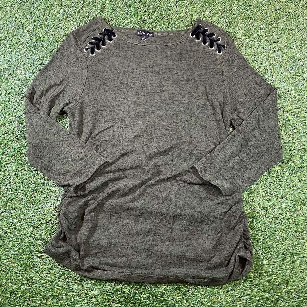 Olivia Blu Olive Green Heathered Lace-Up Shoulder 3/4 Sleeve Top Size S